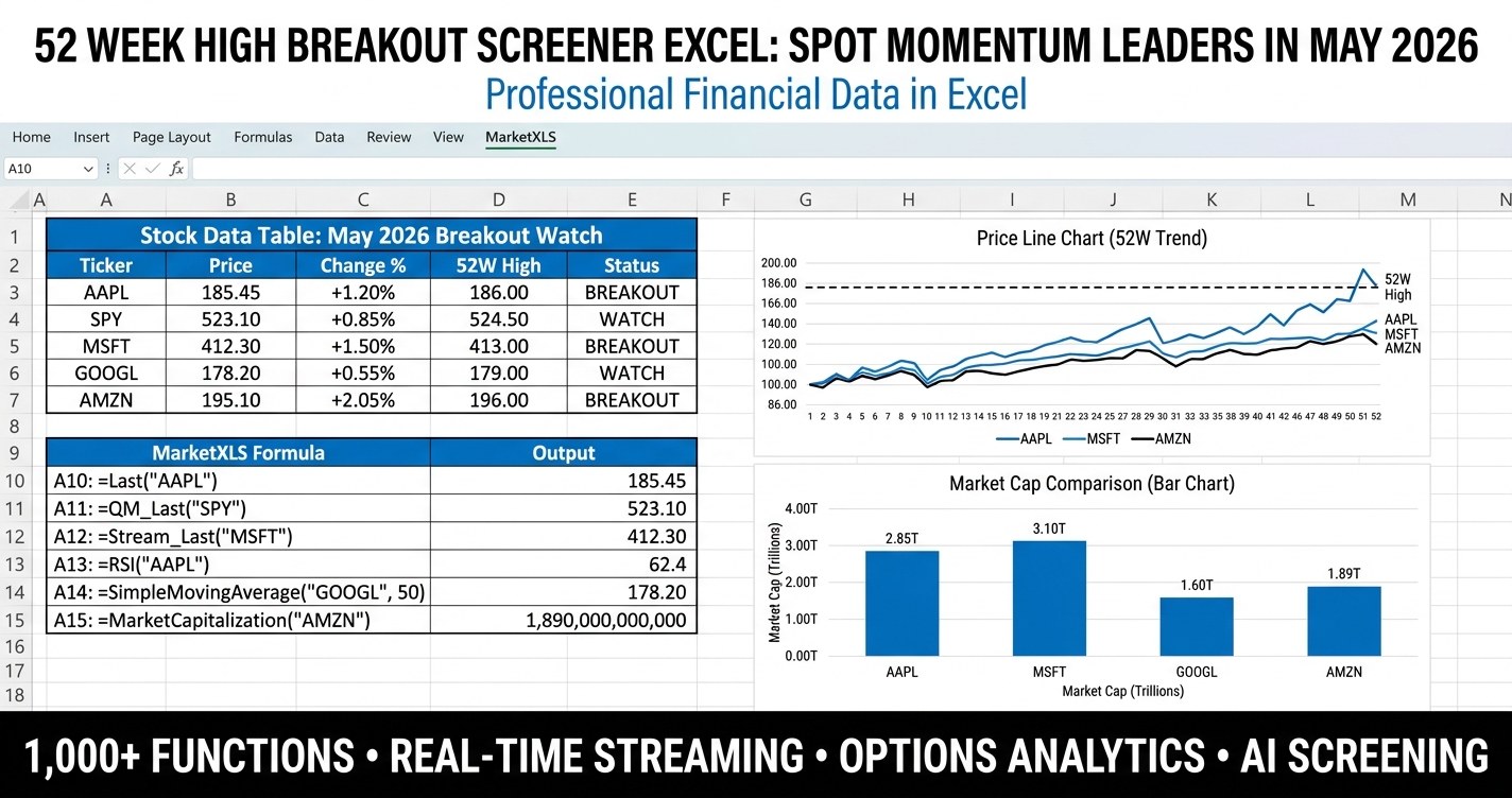 52 week high breakout screener excel dashboard with MarketXLS momentum watchlist
