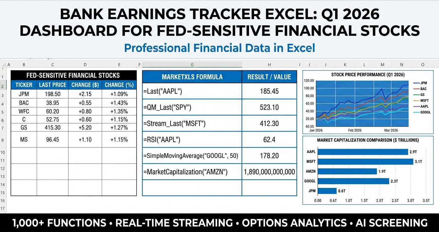 Bank earnings tracker excel dashboard for Q1 2026 bank stocks, earnings dates, valuation, dividend yield, and Fed-sensitive trend analysis
