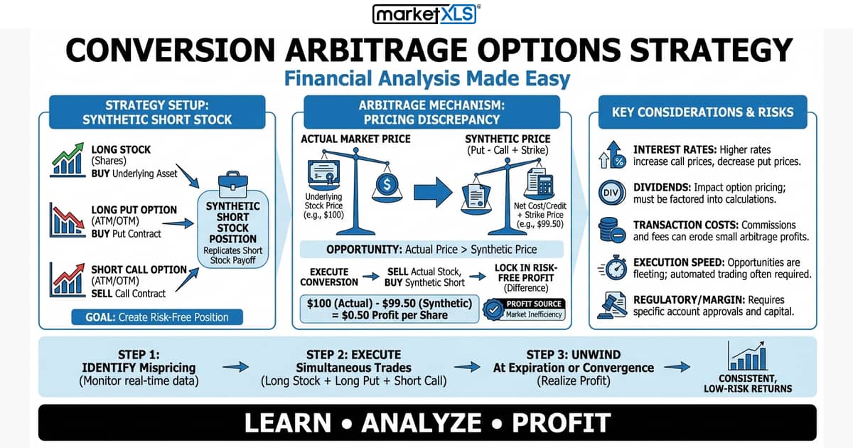 Conversion Arbitrage Options Strategy - put-call parity mispricing diagram with payoff chart and MarketXLS Excel formulas