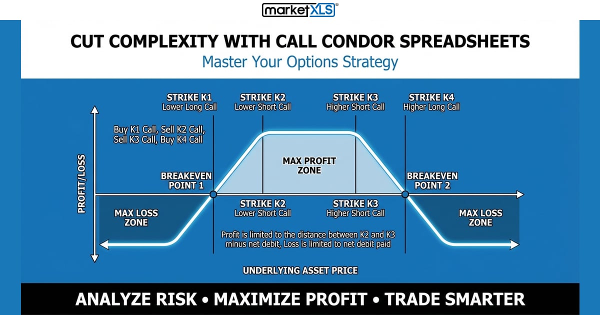 Cut Complexity with Call Condor Spreadsheets - options strategy analysis and payoff diagram in Excel with MarketXLS