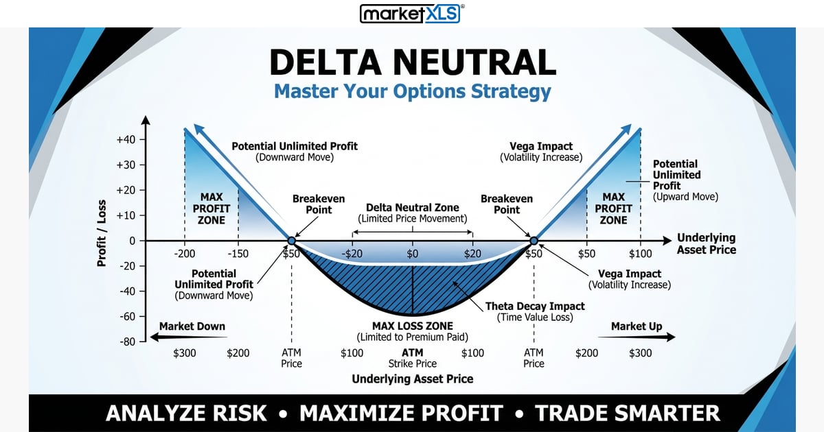 Delta Neutral - options strategy analysis and payoff diagram in Excel with MarketXLS
