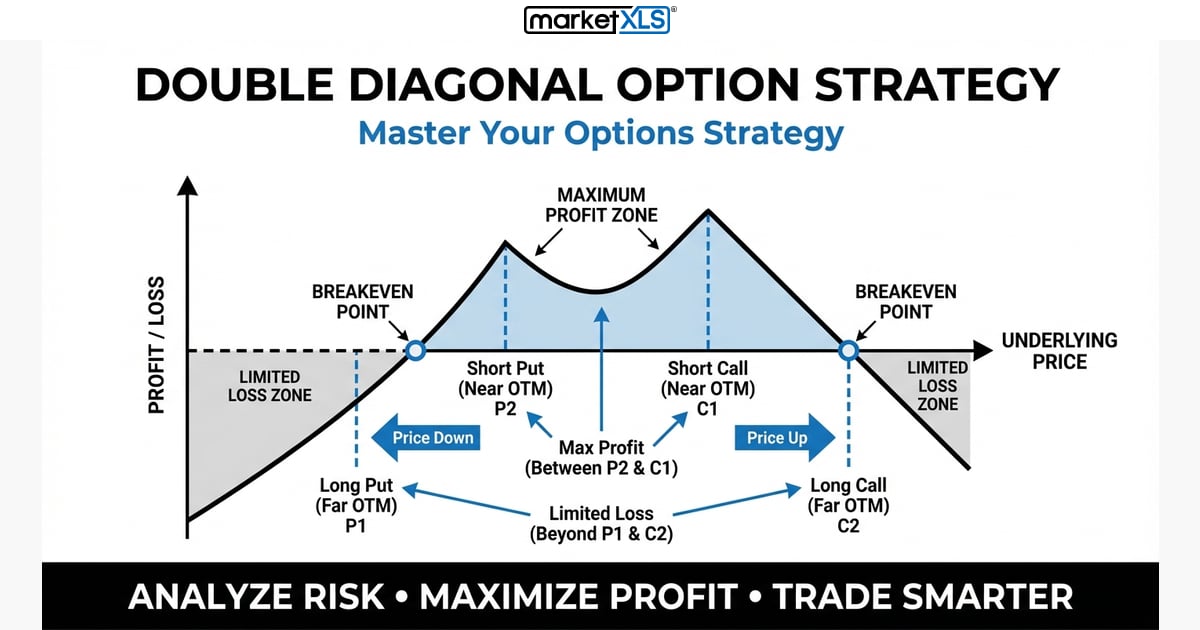 Double Diagonal Option Strategy - options strategy analysis and payoff diagram in Excel with MarketXLS