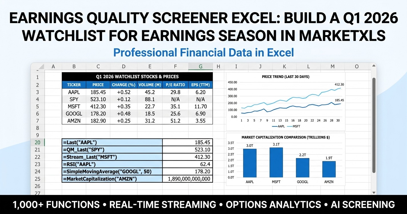 Earnings quality screener excel dashboard for Q1 2026 earnings season in MarketXLS