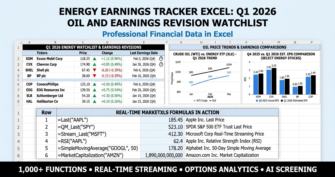 Energy earnings tracker excel dashboard for Q1 2026 oil and earnings revision watchlist with MarketXLS formulas