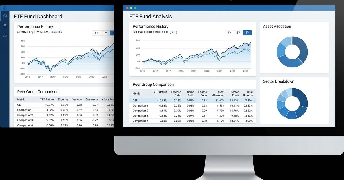 ETF portfolio analysis dashboard showing asset allocation pie chart, efficient frontier, risk metrics, and portfolio health score in FundXLS