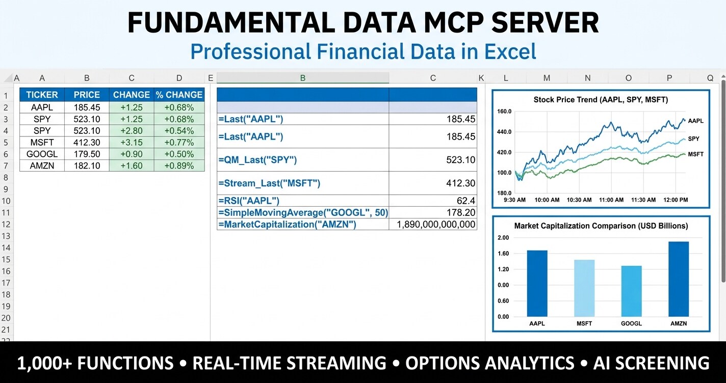 Fundamental data MCP server dashboard showing P/E, margins, and valuation scores in Excel and an AI assistant