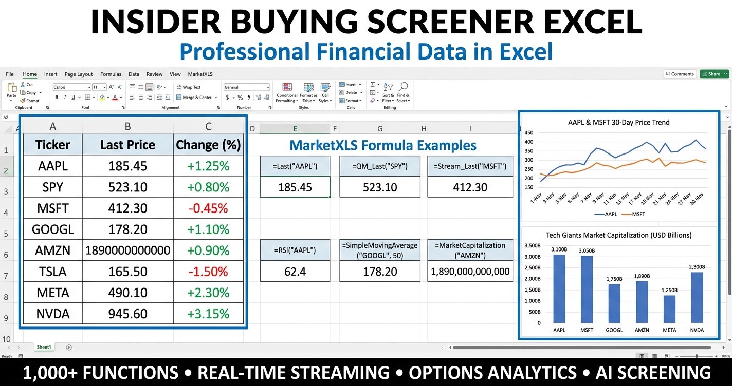 Insider buying screener Excel dashboard showing high insider ownership stocks, valuation filters, and conviction scoring