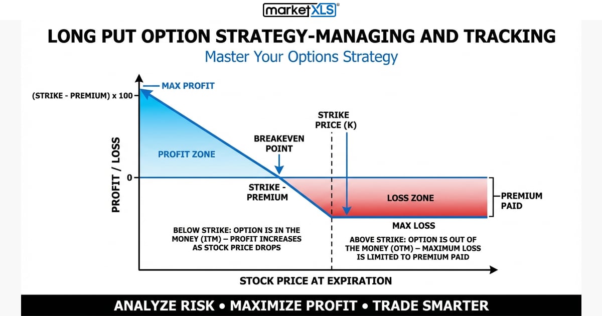 Long Put Option Strategy-Managing And Tracking - options strategy analysis and payoff diagram in Excel with MarketXLS