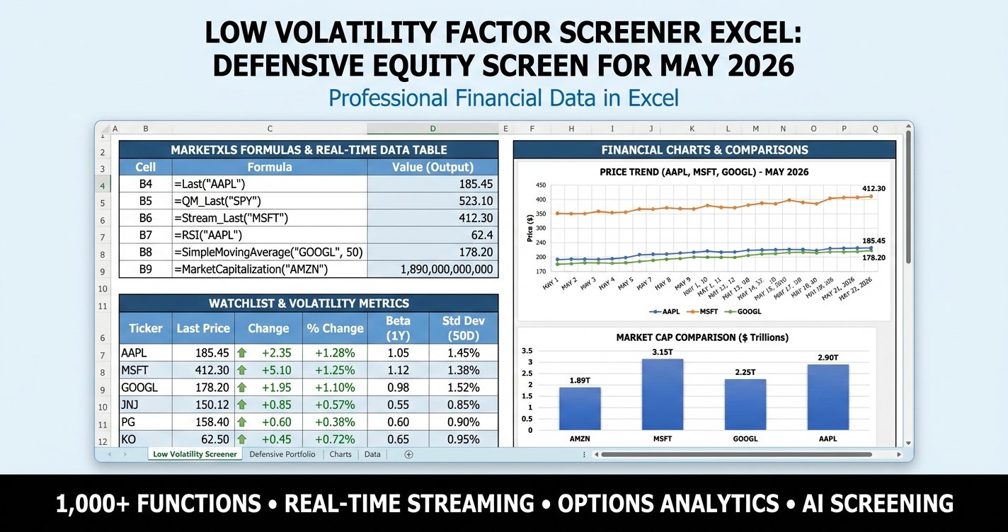 Low volatility factor screener Excel template - beta, implied volatility, realized volatility, and Defensive Score across 28 large-cap stocks