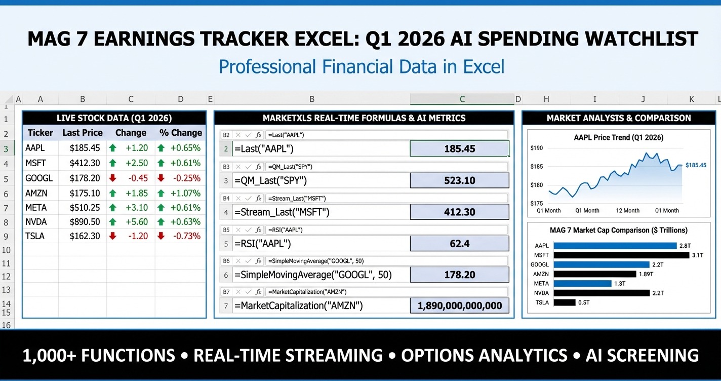 Mag 7 earnings tracker excel dashboard for Q1 2026 AI spending watchlist with MarketXLS formulas