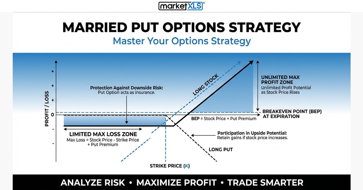 Married Put Options Strategy - options strategy analysis and payoff diagram in Excel with MarketXLS