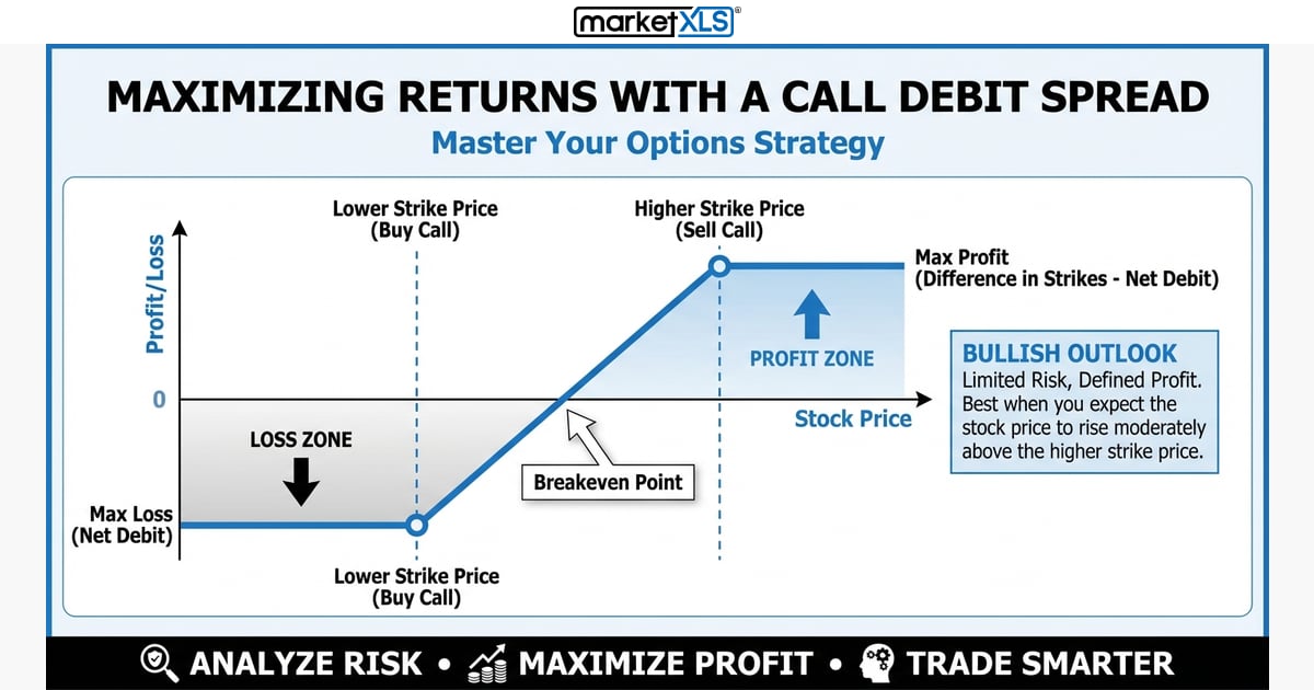 Maximizing Returns With a Call Debit Spread - options strategy analysis and payoff diagram in Excel with MarketXLS