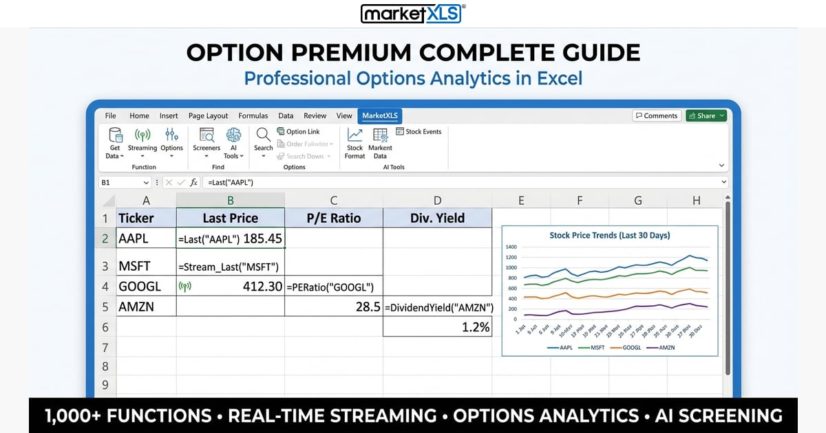 Option premium components breakdown showing intrinsic value and extrinsic value analysis in Excel with MarketXLS
