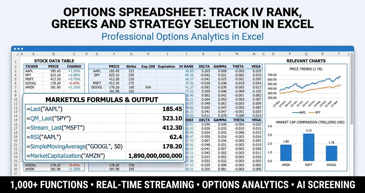 Options spreadsheet in Excel with IV rank, put-call ratios, Greeks, and strategy selection dashboard