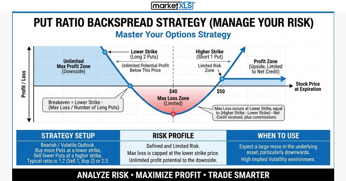 Put Ratio Backspread Strategy (Manage Your Risk) - options strategy analysis and payoff diagram in Excel with MarketXLS