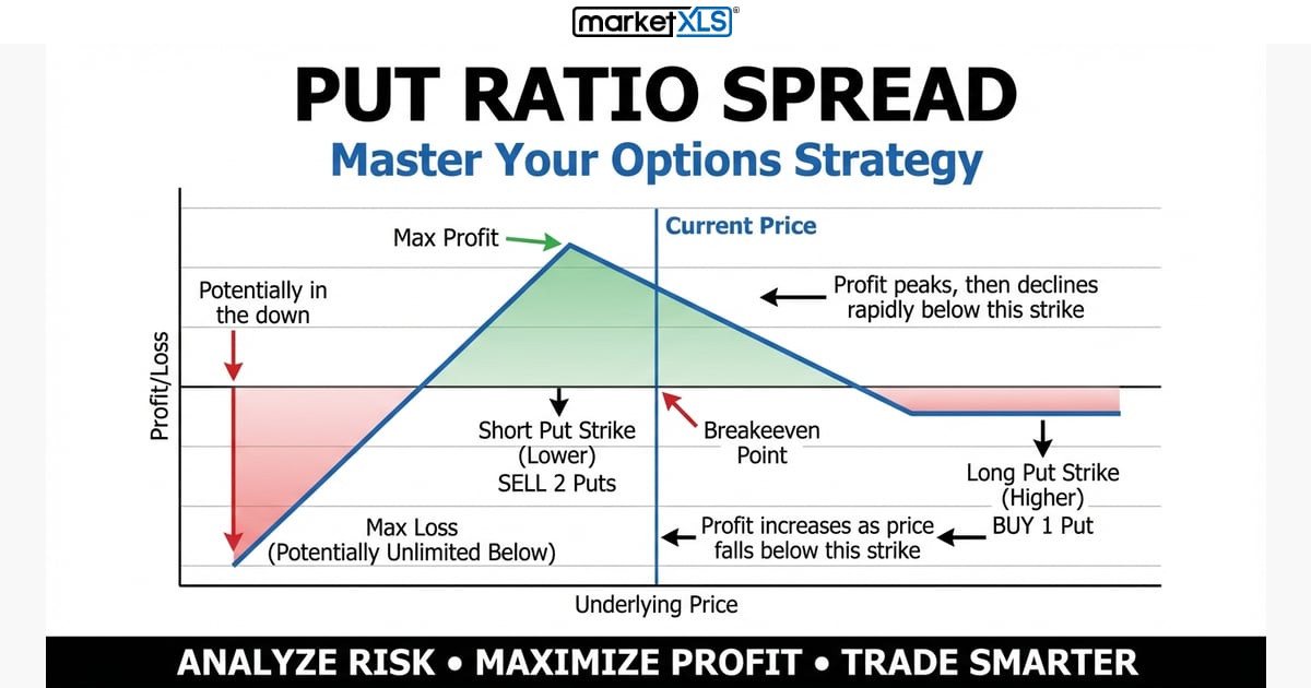 Put Ratio Spread - options strategy analysis and payoff diagram in Excel with MarketXLS