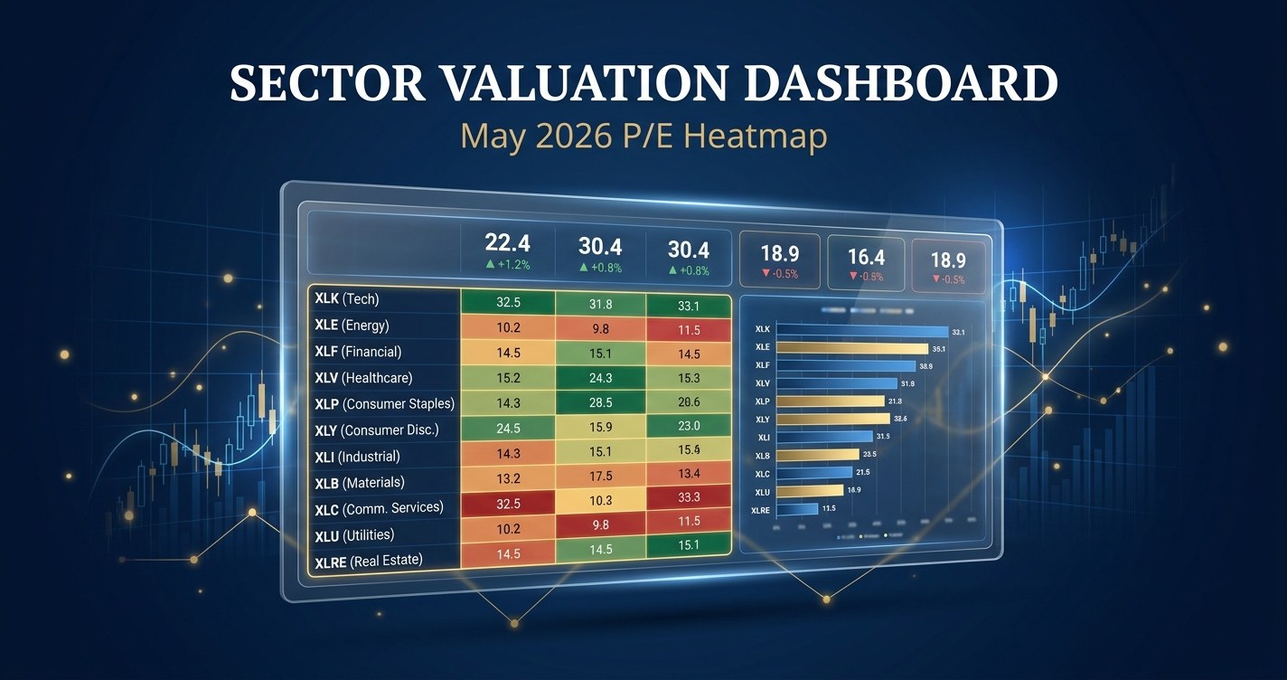 Sector valuation dashboard Excel template with P/E heatmap, KPI tiles, and live MarketXLS formulas across 11 GICS sectors for May 2026