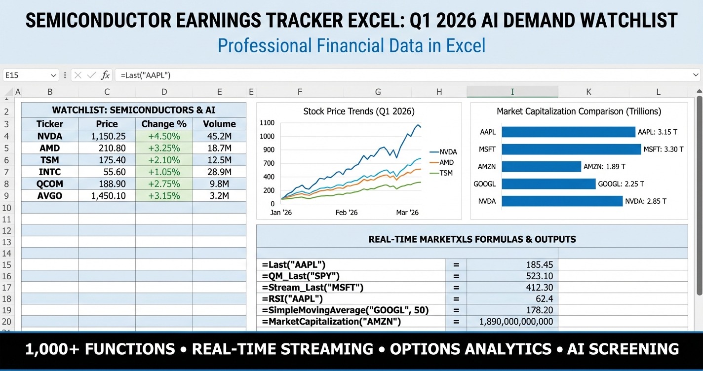 Semiconductor earnings tracker excel dashboard for Q1 2026 chip earnings, AI demand watchlist, valuation, and momentum analysis