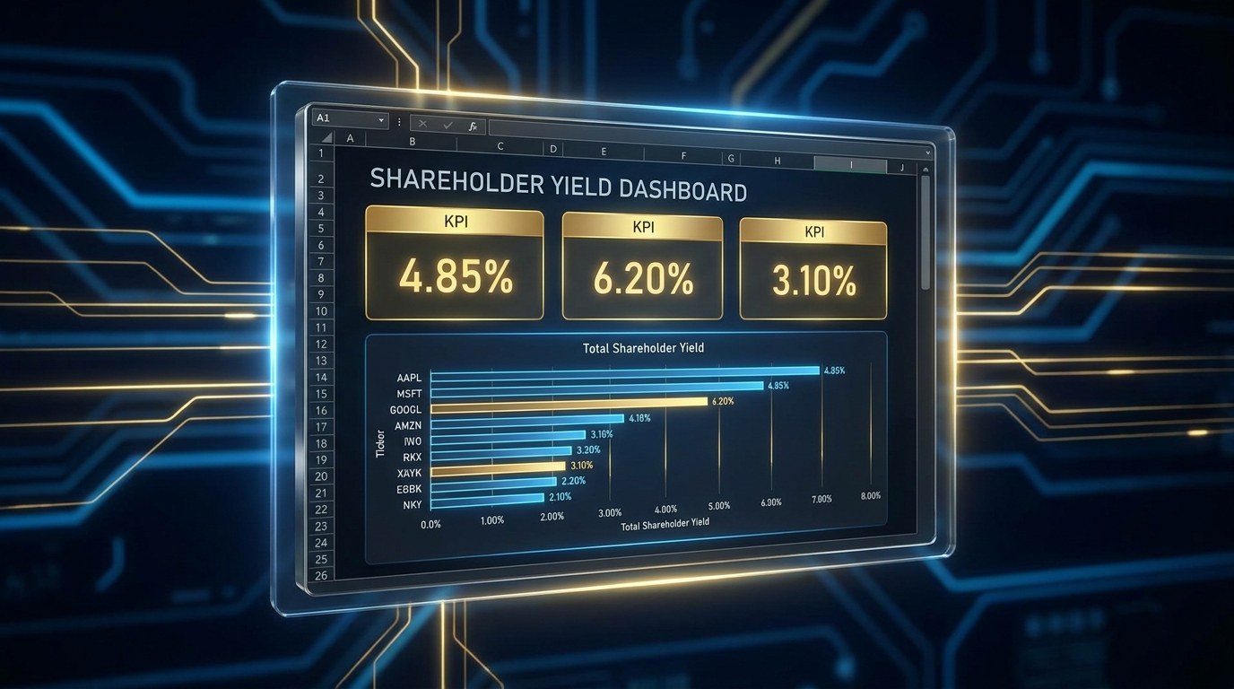 Shareholder yield dashboard excel template showing dividend yield, buyback yield, and debt paydown screener with KPI tiles and conditional formatting