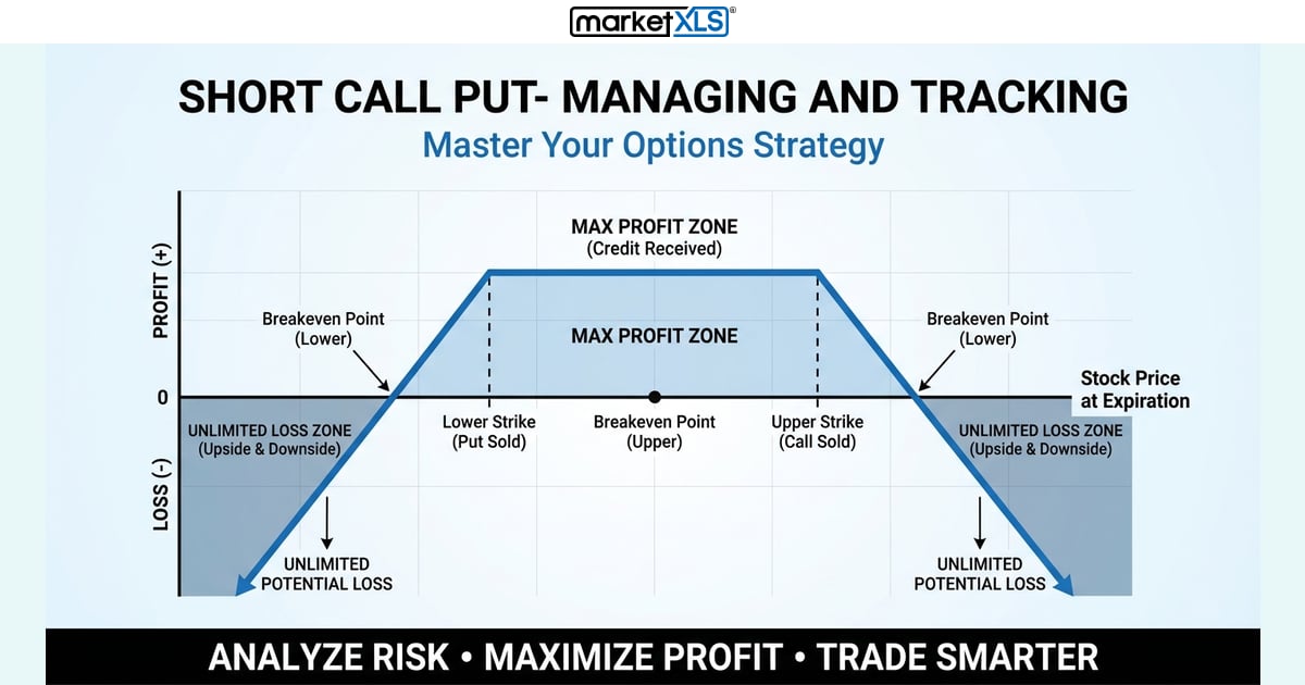 Short Call Put- Managing And Tracking - options strategy analysis and payoff diagram in Excel with MarketXLS