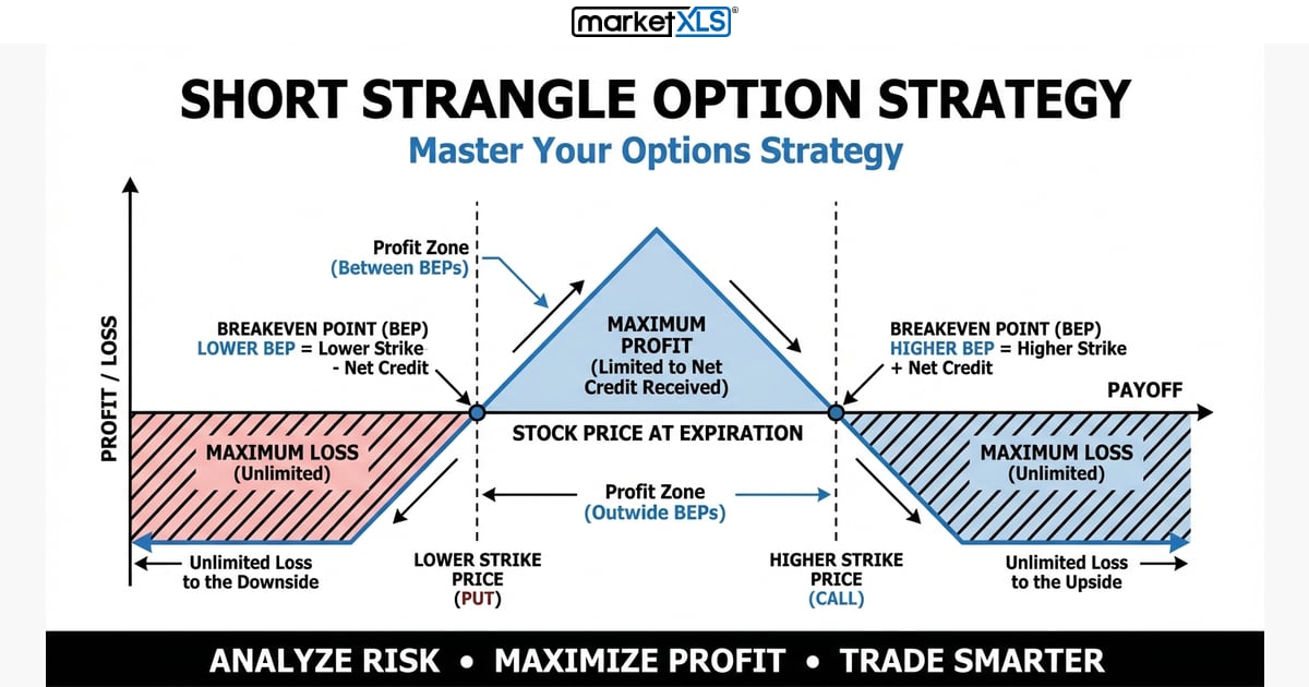 Short Strangle Option Strategy - options strategy analysis and payoff diagram in Excel with MarketXLS