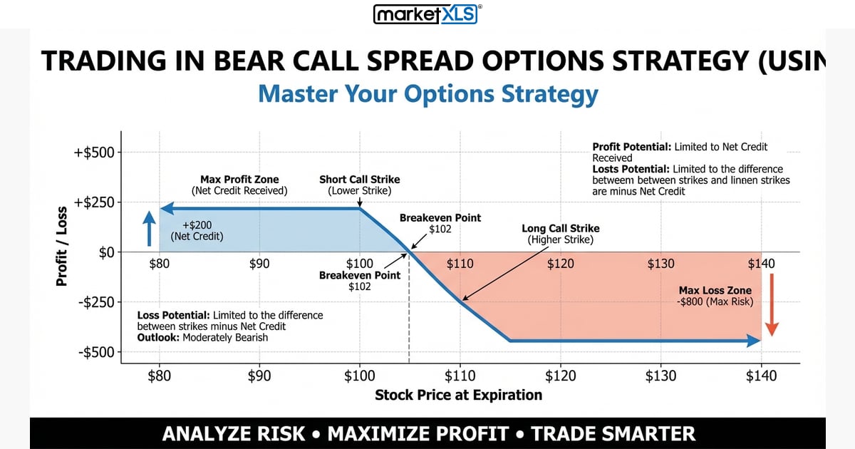 Trading In Bear Call Spread Options Strategy (Usin - options strategy analysis and payoff diagram in Excel with MarketXLS