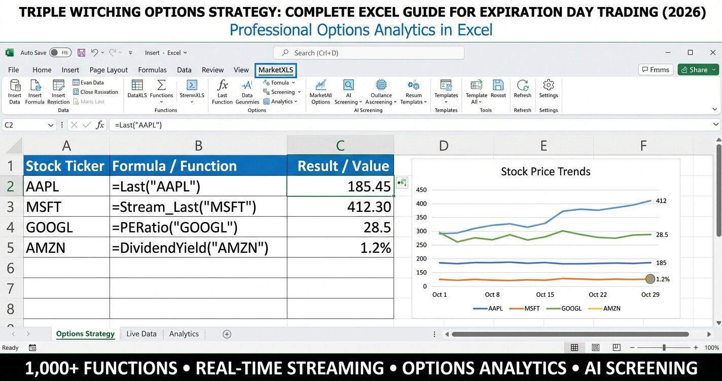 Triple witching options strategy Excel dashboard showing expiration day analysis with MarketXLS formulas