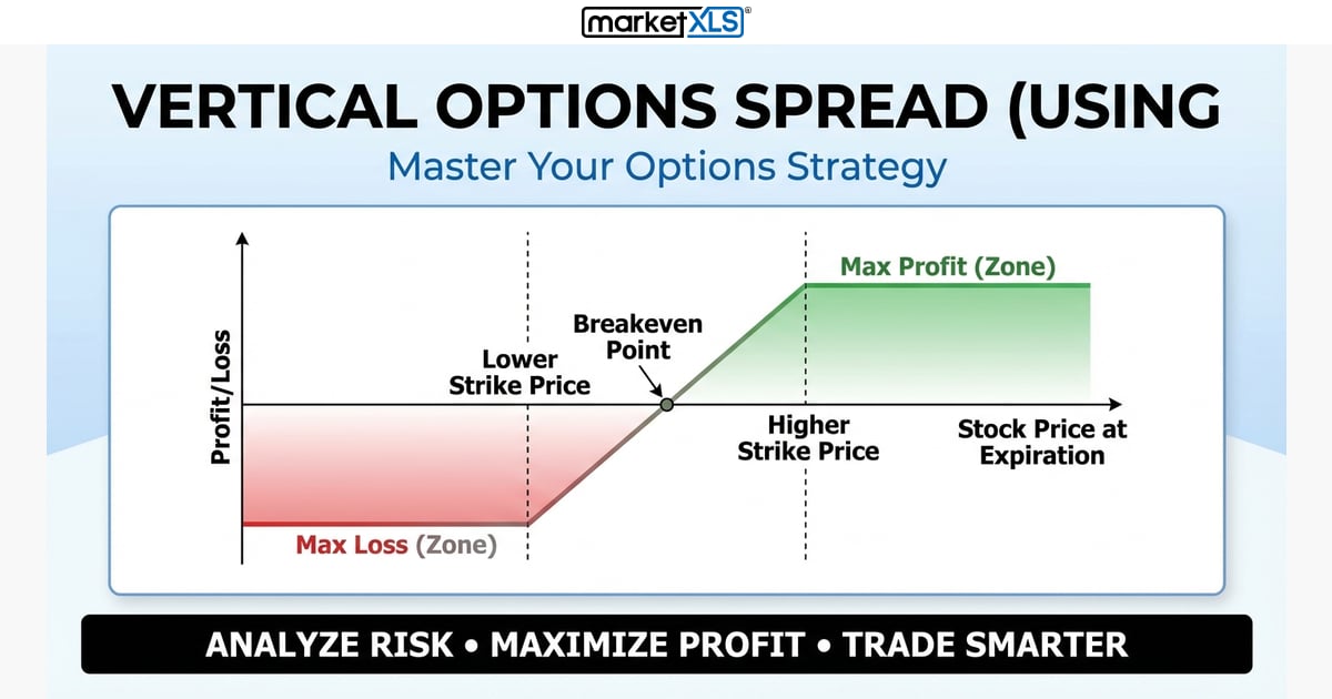 Vertical options spread payoff diagram showing bull call and bear put strategies analyzed in Excel with MarketXLS