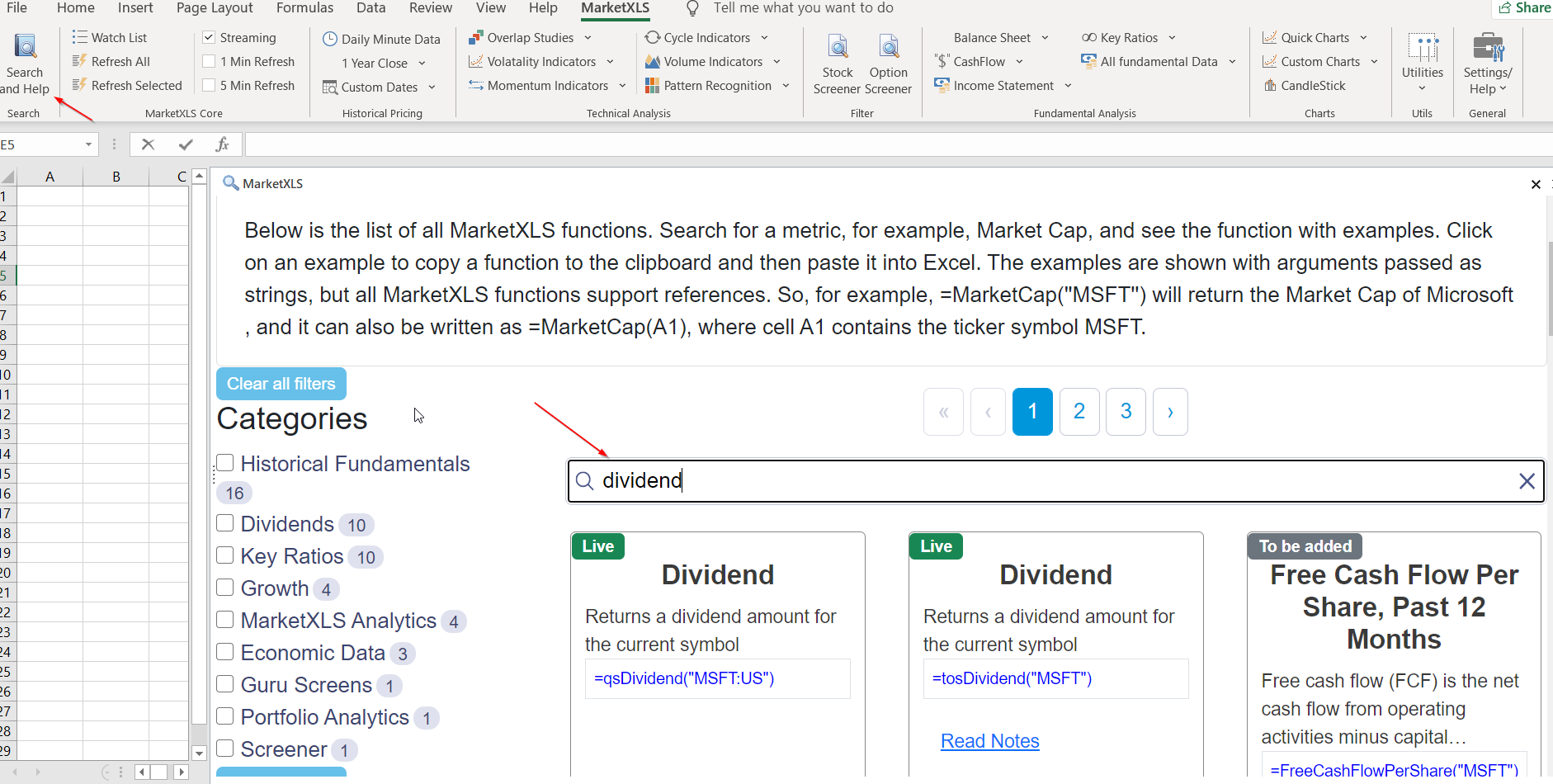 Dividend in functions filter in Excel