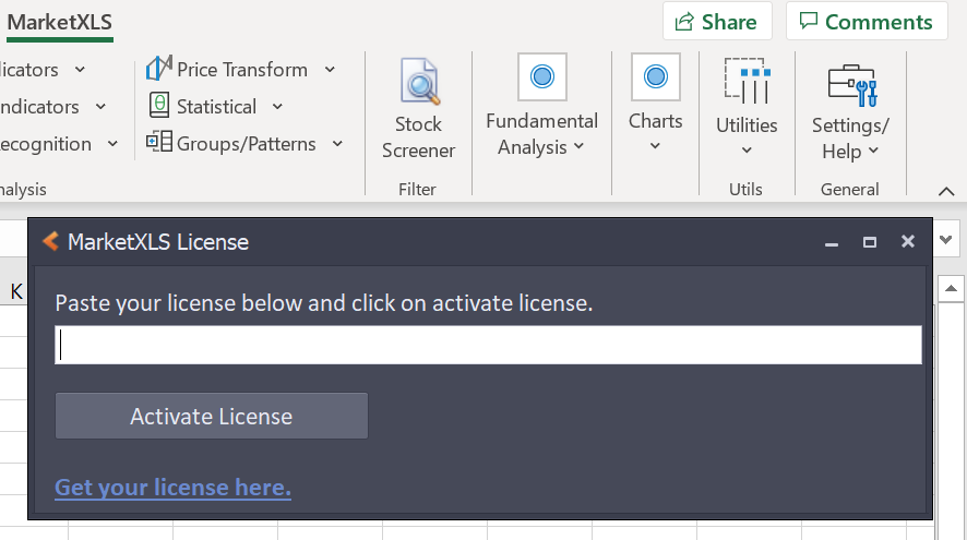 Enter license for excel screenshot