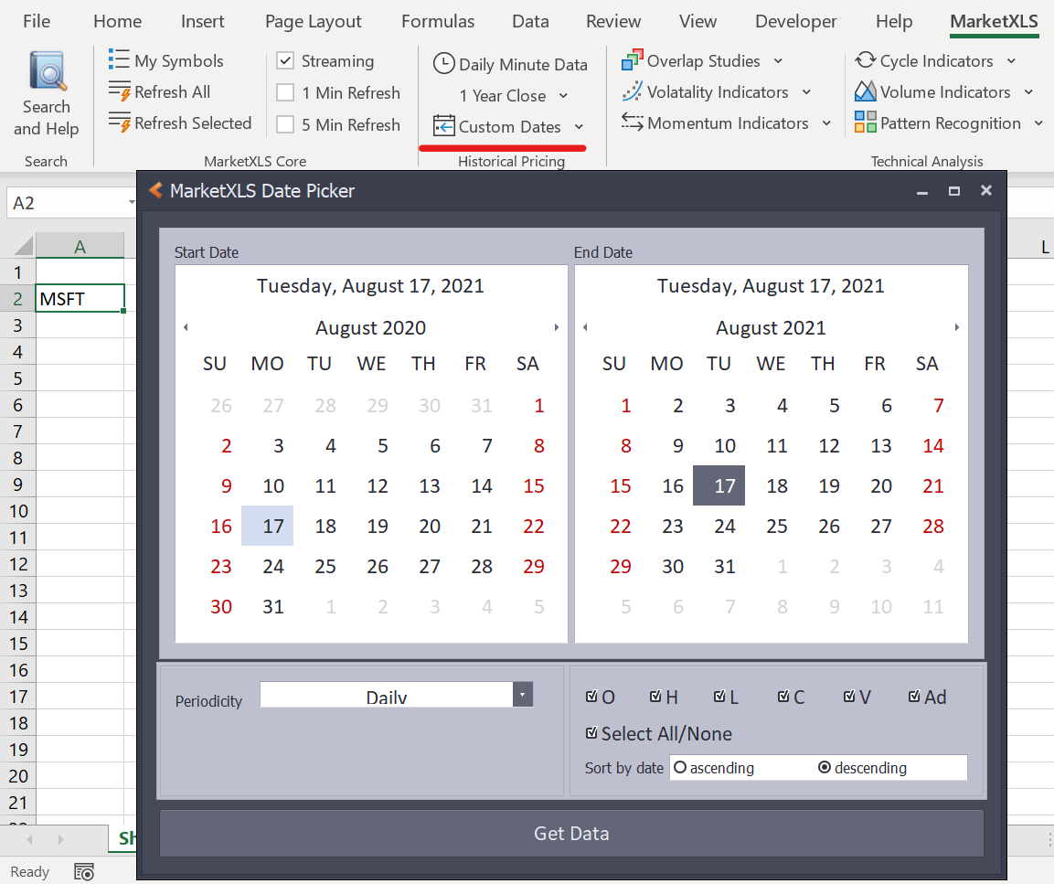 MarketXLS data picker in Excel