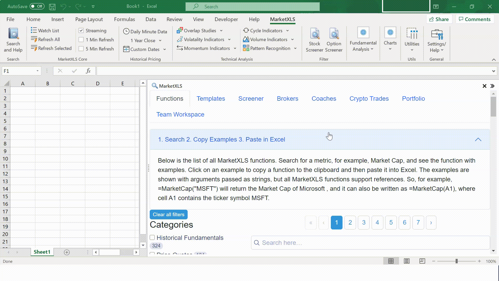 MarketXLS functions in excel - copy feature