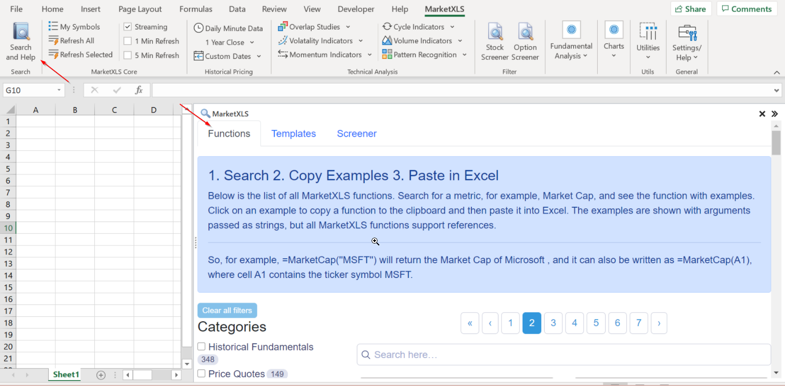 MarketXLS functions in excel