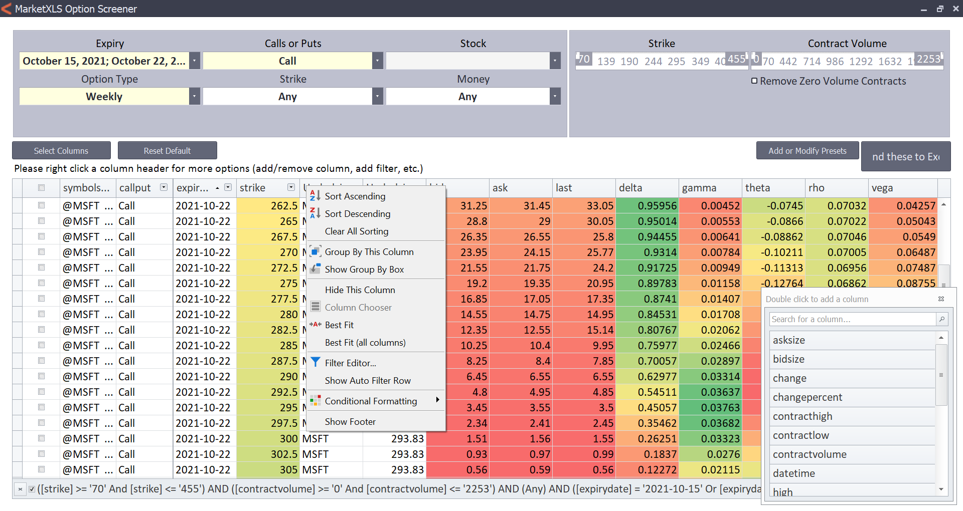 MarketXLS option scanner