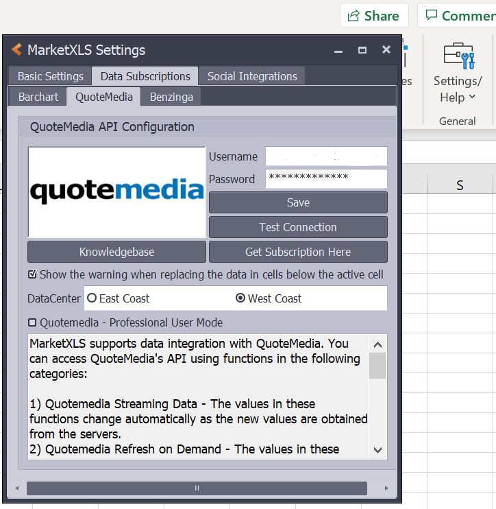 MarketXLS setting in plugin for excel application