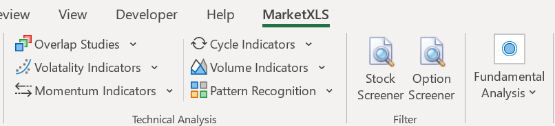MarketXLS top panel in Excel