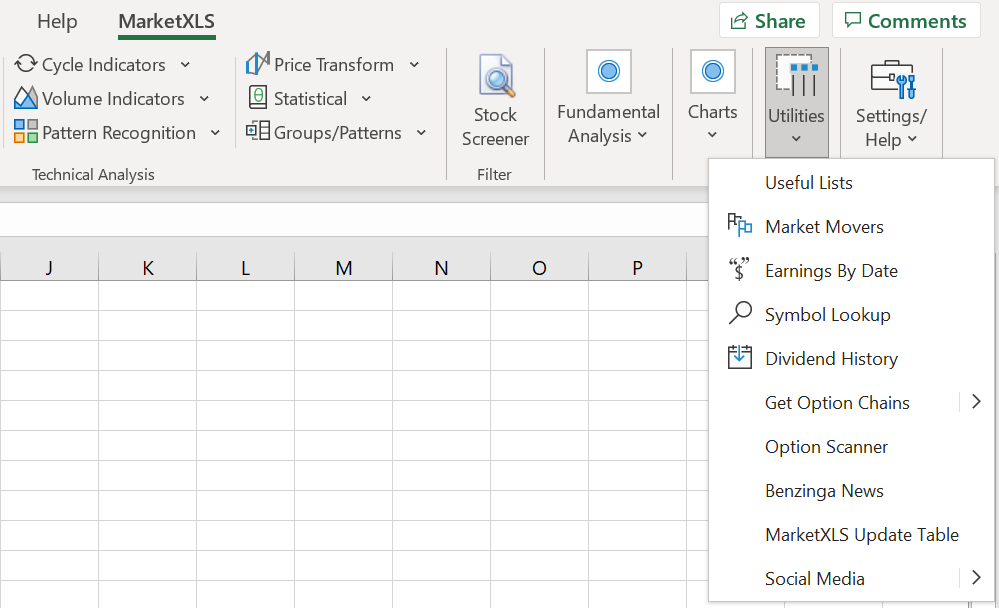 MarketXLS Utilities in Excel