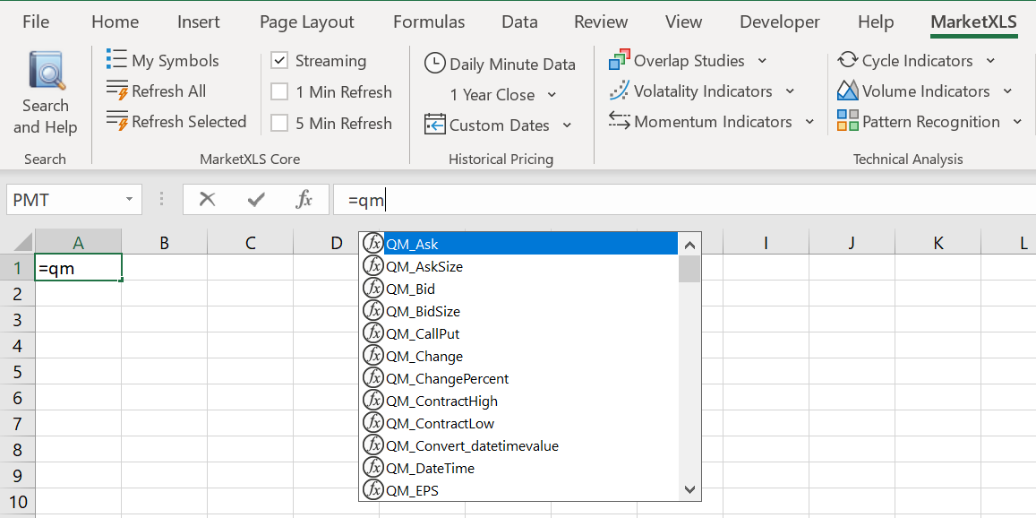 Excel's intelligence show up functions for qm