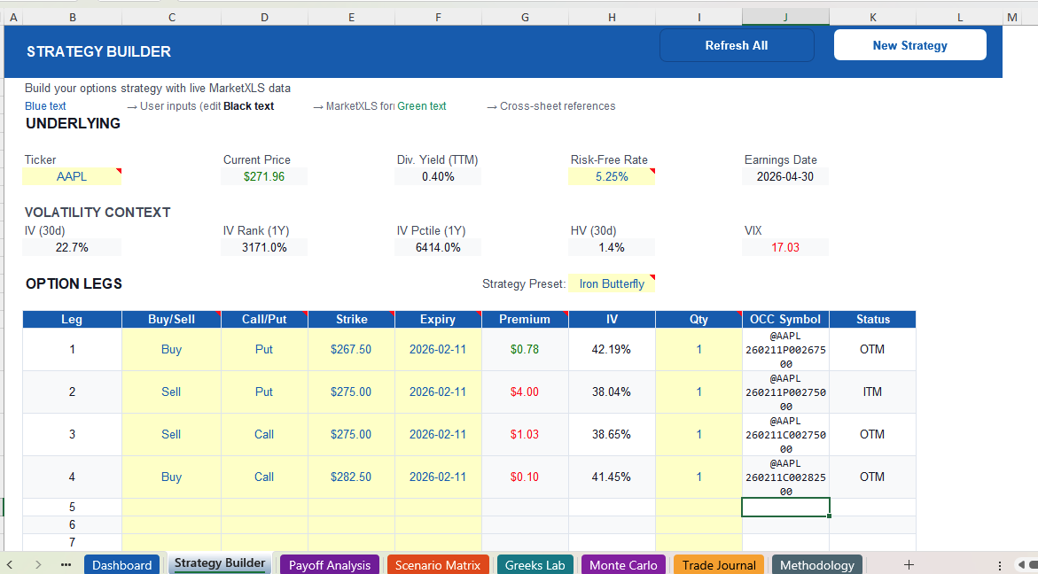 Options strategy builder in Excel with up to 10 legs