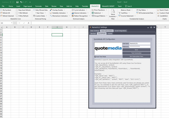 Thank You for your subscription to Quotemedia’s Market Data for MarketXLS platform