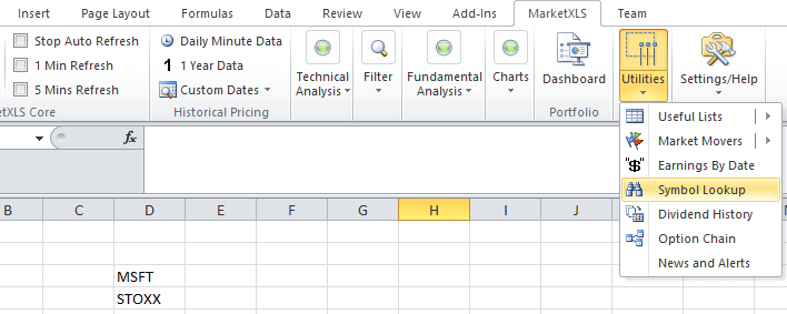 excel lookup stock price