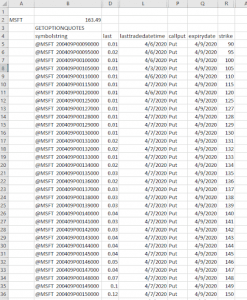 MarketXLS - filter put options in Excel